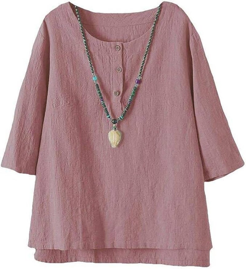 Minibee Women's 3/4 Sleeve Cotton Linen Jacquard Blouses Top T-Shirt (XL, Pink) - Image 1